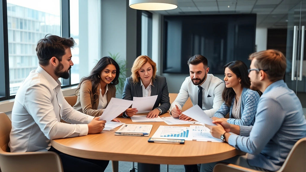 Diverse business team in conference room conducting strategic investment planning session, reviewing portfolio allocation documents and discussing financial strategies