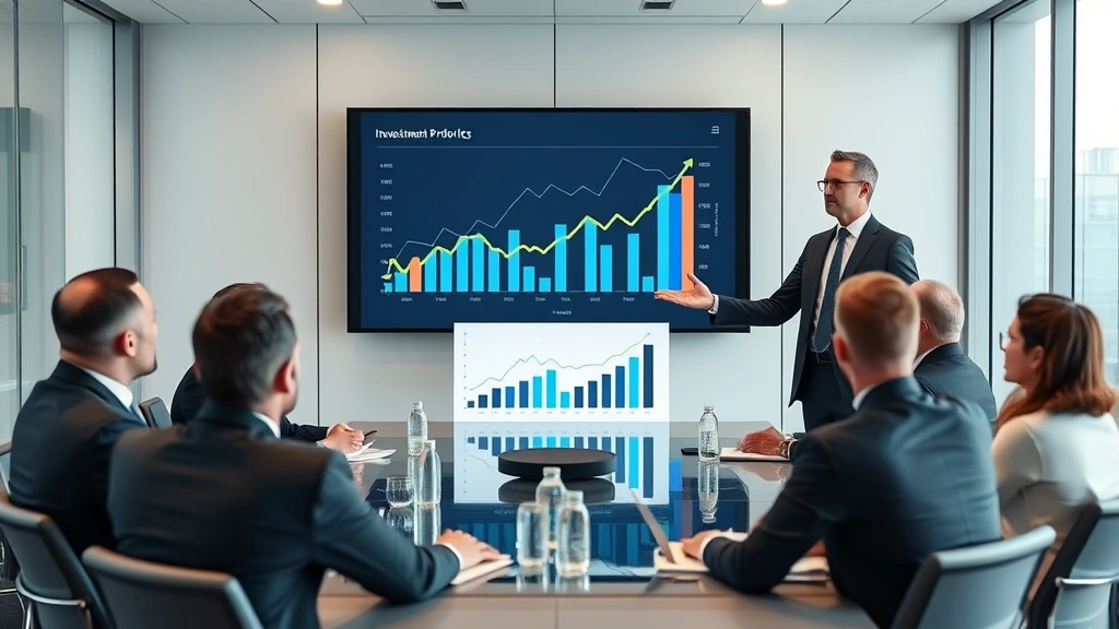Corporate executive presenting investment performance metrics and growth charts to board of directors in professional boardroom setting, confident presentation stance