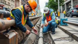 Professional water utility technician inspecting underground pipeline infrastructure in city street, wearing safety equipment, examining water main connection points, daytime municipal setting