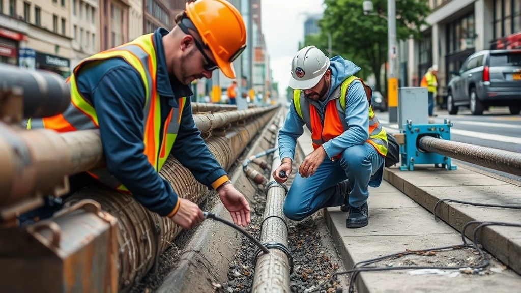 Professional water utility technician inspecting underground pipeline infrastructure in city street, wearing safety equipment, examining water main connection points, daytime municipal setting