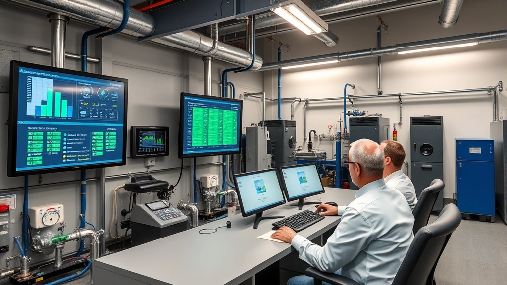 Modern water treatment facility control room with operators monitoring water quality systems, digital displays showing real-time data, professional industrial environment, clean facility