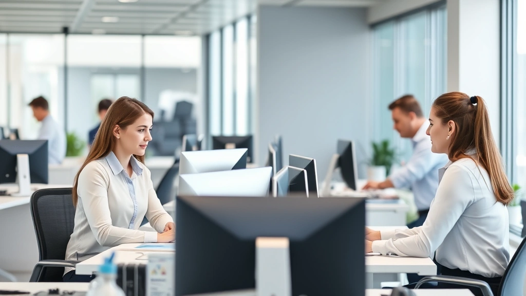 Water utility customer service team in modern office setting, representatives helping customers at desks with computers, professional business attire, collaborative workplace environment