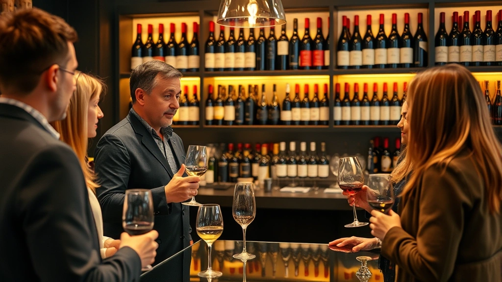 Professional wine shop owner conducting tasting with customers in modern retail environment, warm lighting, wine bottles displayed on shelves, customers holding wine glasses, sophisticated atmosphere
