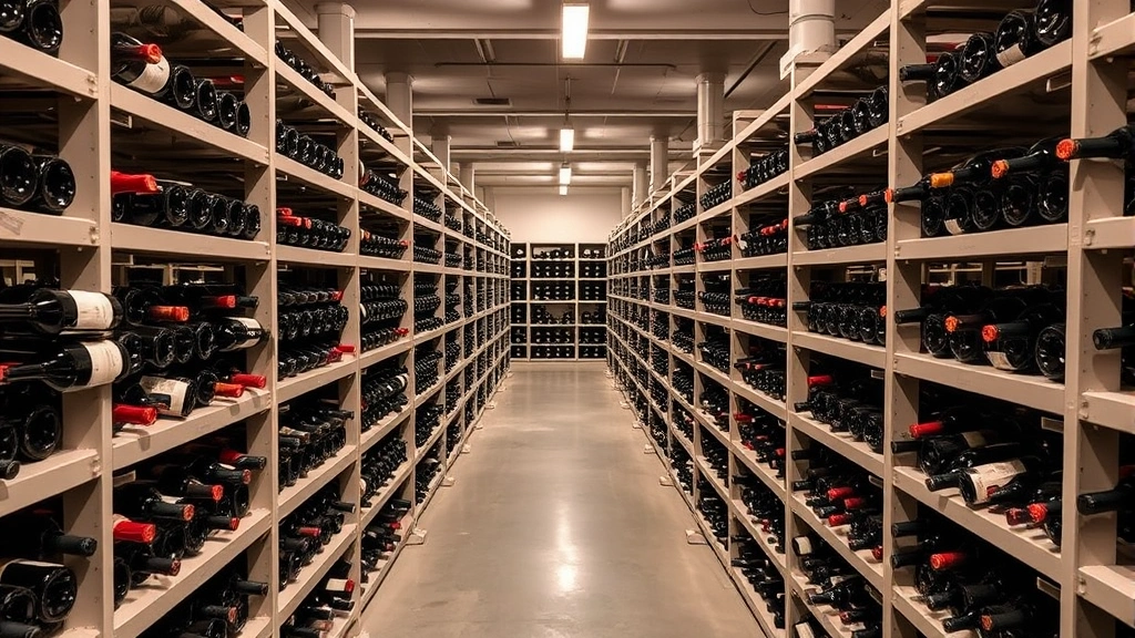 Wine storage facility with temperature-controlled racks, organized wine bottles in horizontal position, professional lighting, clean warehouse environment, quality preservation setup