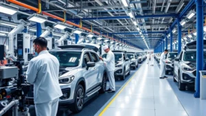 Modern automotive manufacturing facility with robotic assembly lines and Japanese workers in white uniforms inspecting vehicles on production line, clean industrial environment with blue and silver color scheme