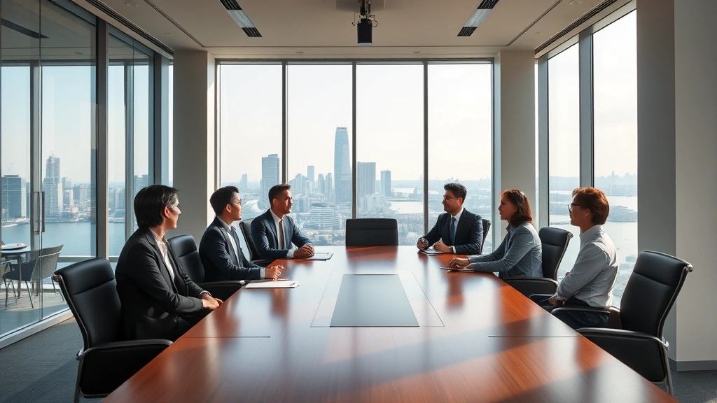 Executive boardroom in contemporary Japanese corporate office with floor-to-ceiling windows overlooking Yokohama harbor, minimalist design with wooden table and professional business people in discussion