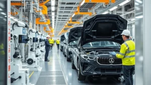 Modern automotive manufacturing facility with robotic assembly lines and Japanese workers in safety gear, showcasing advanced car production technology and precision engineering in contemporary factory setting