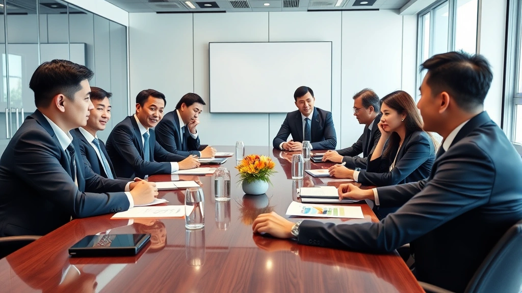 Executive boardroom with diverse international and Japanese business professionals in formal attire during corporate strategy meeting, displaying collaboration and decision-making in modern Japanese automotive company headquarters