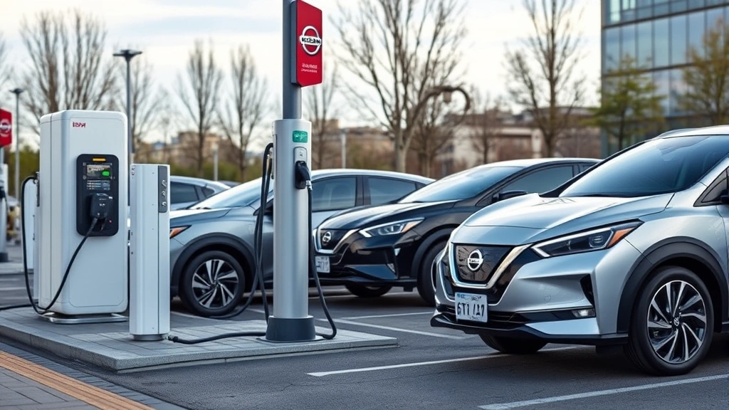 Electric vehicle charging station with sleek Nissan EV models displayed, representing sustainable transportation innovation and future automotive direction of Japanese manufacturer in urban environment