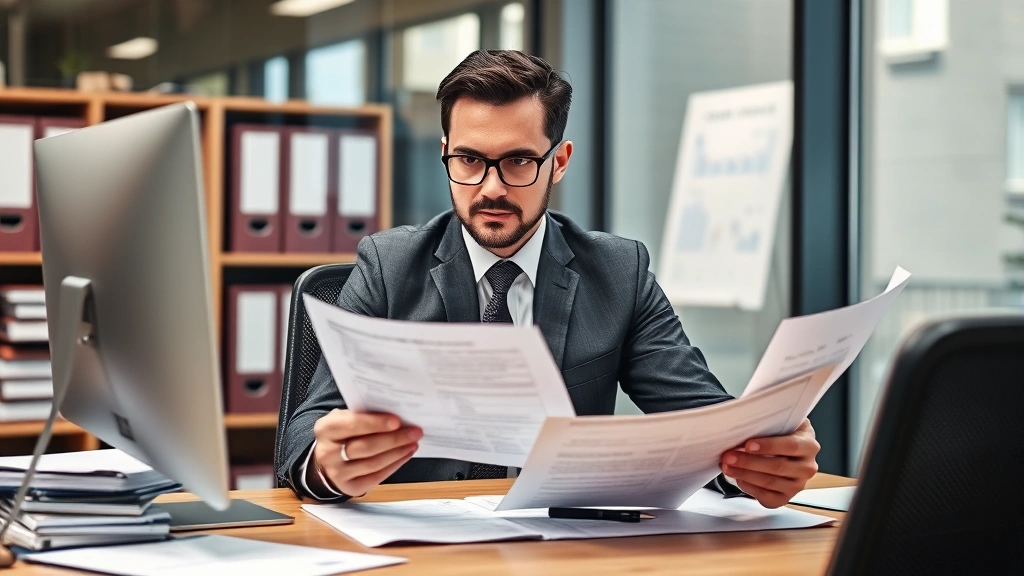 Professional business executive reviewing compliance documents and certifications at modern corporate office desk with computer monitor, organized filing systems, analytical charts visible, serious focused expression