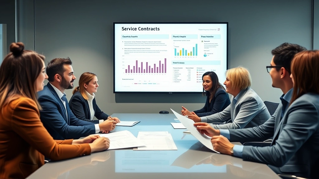 Team of diverse business professionals collaborating in modern conference room, reviewing service contracts and performance metrics on large display screen, engaged discussion with documents