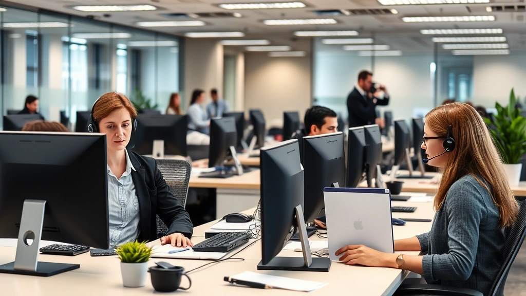 Corporate office environment showing professional customer service representatives handling client inquiries at desks with computers, business communication in progress, quality assurance monitoring visible