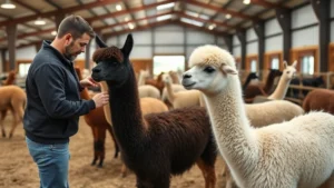 Professional alpaca breeder in modern facility examining premium Huacaya alpaca with exceptional fiber quality, showing expertise and animal husbandry excellence in agricultural setting