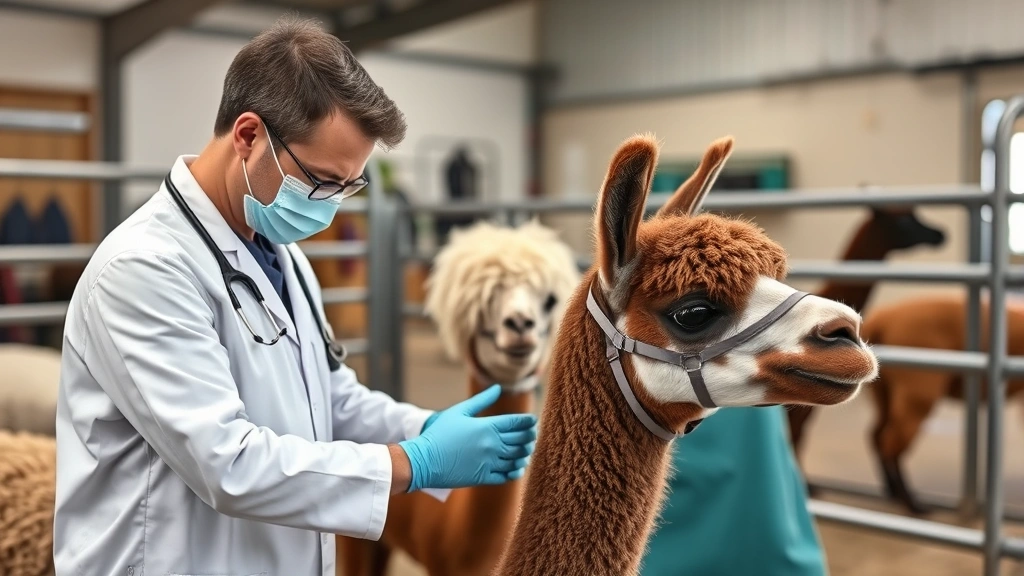 Skilled veterinarian performing health examination on valuable breeding alpaca in professional facility, highlighting animal welfare standards and genetic investment protection in commercial operation