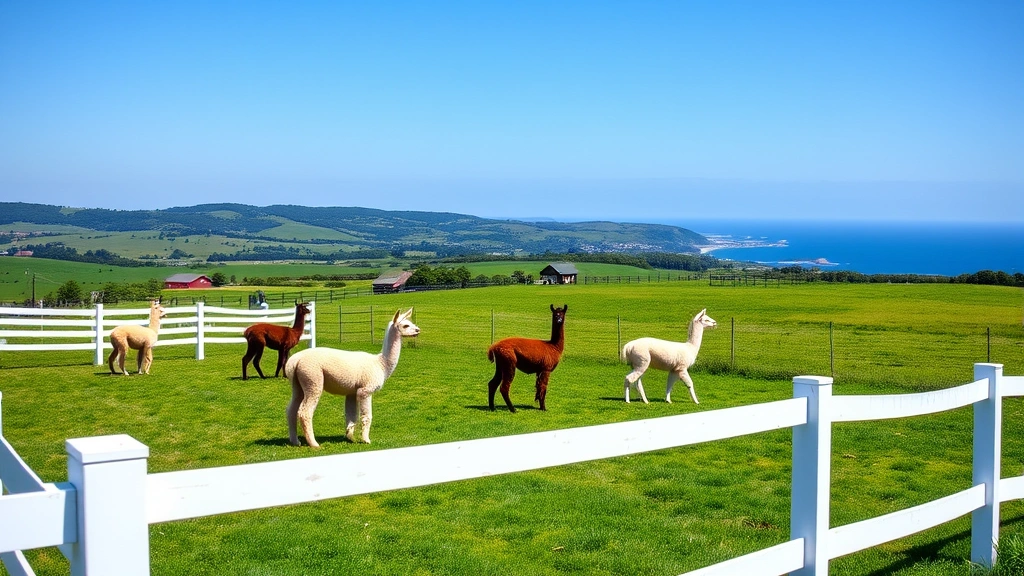 Professional photograph of a well-maintained alpaca farm with white fencing, several alpacas grazing in green pastures under blue sky, rolling hills in background, peaceful agricultural setting, Martha's Vineyard coastal landscape visible in distance, sunny day with natural lighting, no people or text visible