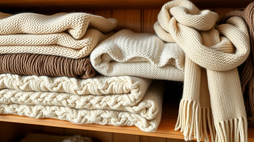 Close-up photograph of soft alpaca fiber textiles including folded sweaters and scarves in neutral earth tones, retail display arrangement on wooden shelving, warm natural lighting highlighting fiber texture and quality, rustic farm shop ambiance, no price tags or text visible