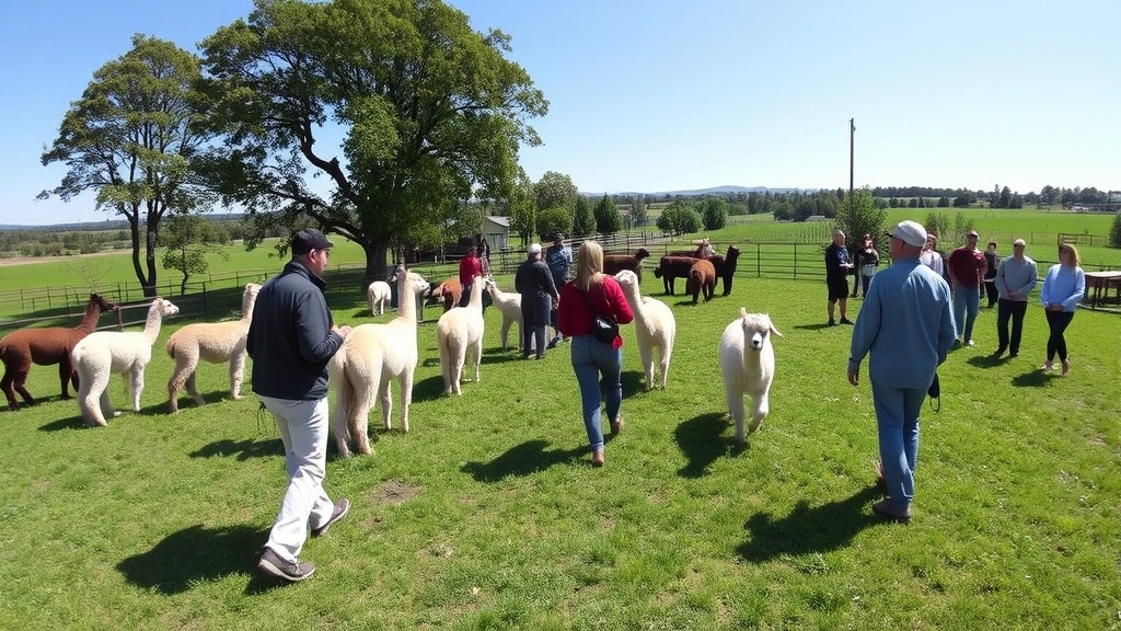 Wide-angle photograph of visitors walking through alpaca pasture during guided farm tour, animals in natural grazing positions, lush green grass and trees, clear sky, outdoor educational experience, distant pastoral landscape, professional farm operations setting, no identifying text or signage visible