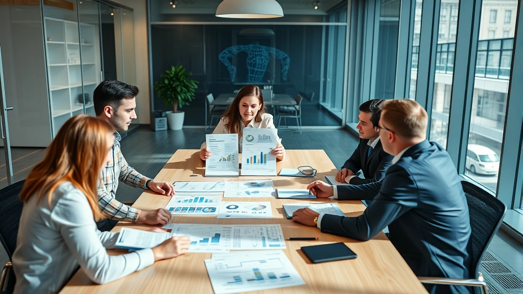 Professional business team collaborating around a conference table reviewing quality documents and performance metrics in a modern corporate office environment with natural lighting