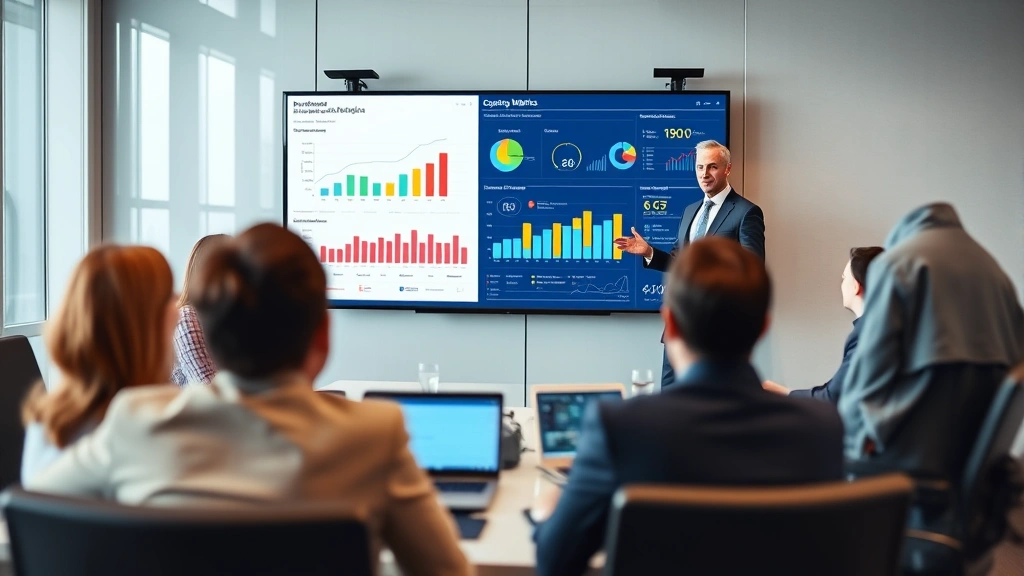 Corporate executive presenting data dashboard and business intelligence metrics to stakeholders in boardroom, showing measurable improvements in operational performance and efficiency gains