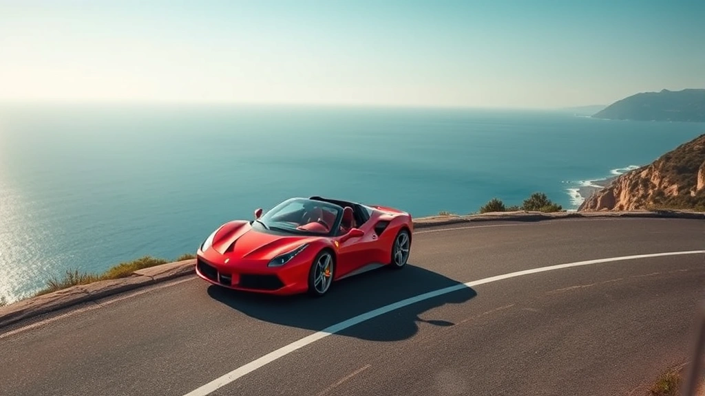 Sleek red Ferrari sports car photographed from above on Italian coastal road with Mediterranean sea visible in background, professional automotive photography, dramatic lighting, no text or watermarks
