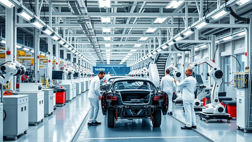 Luxury Italian car manufacturing facility interior showing advanced assembly line with robotic systems, skilled technicians in professional uniforms working on vehicle chassis, modern industrial setting with excellent lighting, no visible signage or text