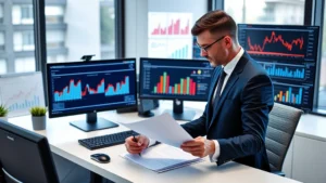 Professional insurance executive reviewing annuity product documentation at modern office desk with computer monitors displaying financial charts and data analytics dashboards