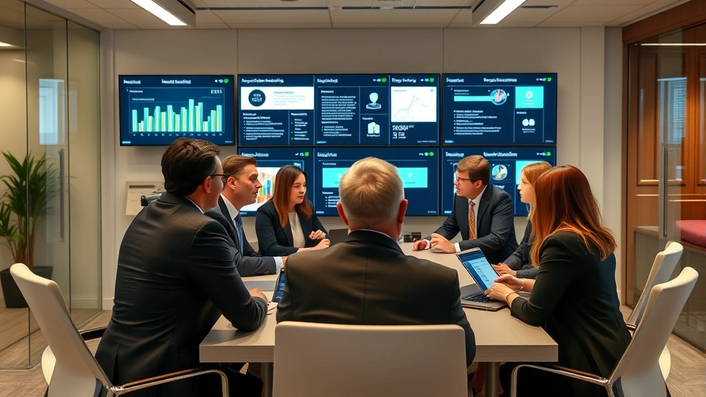 Diverse group of financial advisors in business attire collaborating in contemporary office conference room with digital displays showing insurance product portfolios and customer relationship management systems