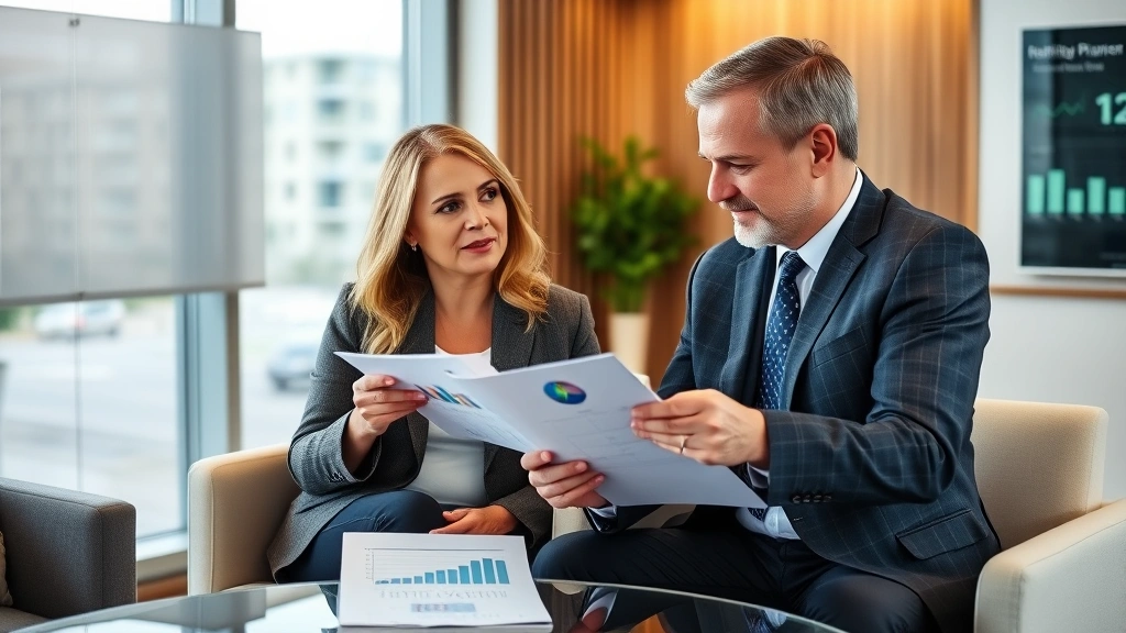 Mature professional couple meeting with certified financial planner in modern wealth management office discussing retirement planning with annuity product illustrations and investment performance reports visible