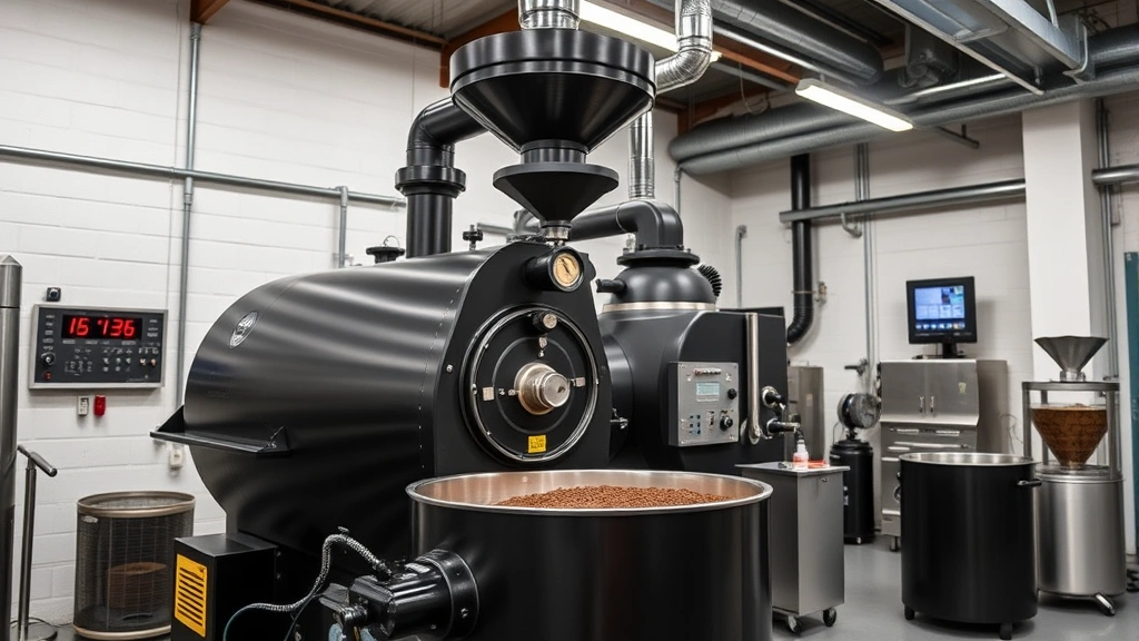 Modern coffee roasting facility with professional roaster machine, temperature control panels, and quality assurance monitoring equipment in contemporary industrial space