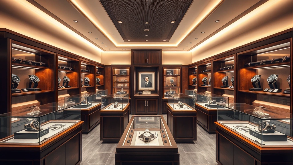 High-end luxury watch boutique interior with polished wooden display cases showcasing elegant timepieces under warm lighting, professional retail environment with sophisticated ambiance