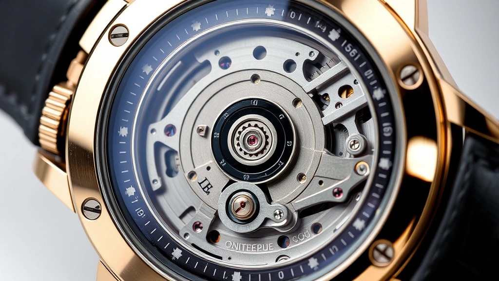 Close-up detail of luxury watch mechanism and movement visible through transparent case back, showing intricate mechanical components and precision engineering