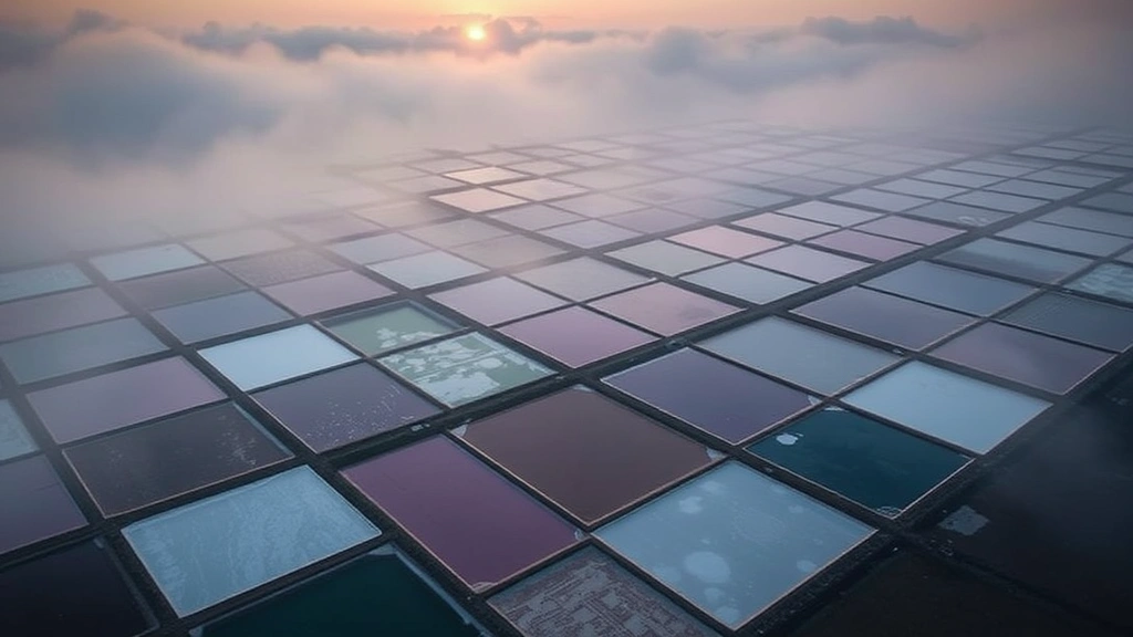Aerial view of salt crystallization ponds along misty Oregon coastline at sunrise, showing geometric pond patterns with varying water colors reflecting mineral concentration levels, natural lighting emphasizing crystal formation areas