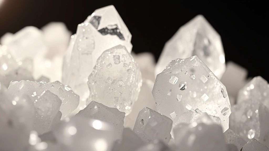 Close-up macro photography of large Jacobsen salt crystals glistening under studio lighting, showcasing individual crystal structure and mineral composition detail, with shallow depth of field creating professional presentation