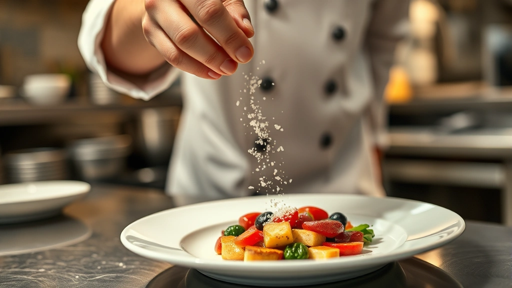 Seasoned chef's hands sprinkling delicate fleur de sel crystals over an elegant plated dish in a professional kitchen, capturing the moment of garnish application with warm kitchen lighting and fine dining aesthetic