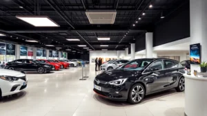 Professional automotive showroom interior with modern lighting displaying new vehicles, clean polished floors, welcoming reception area with professional staff assisting customers, contemporary business environment