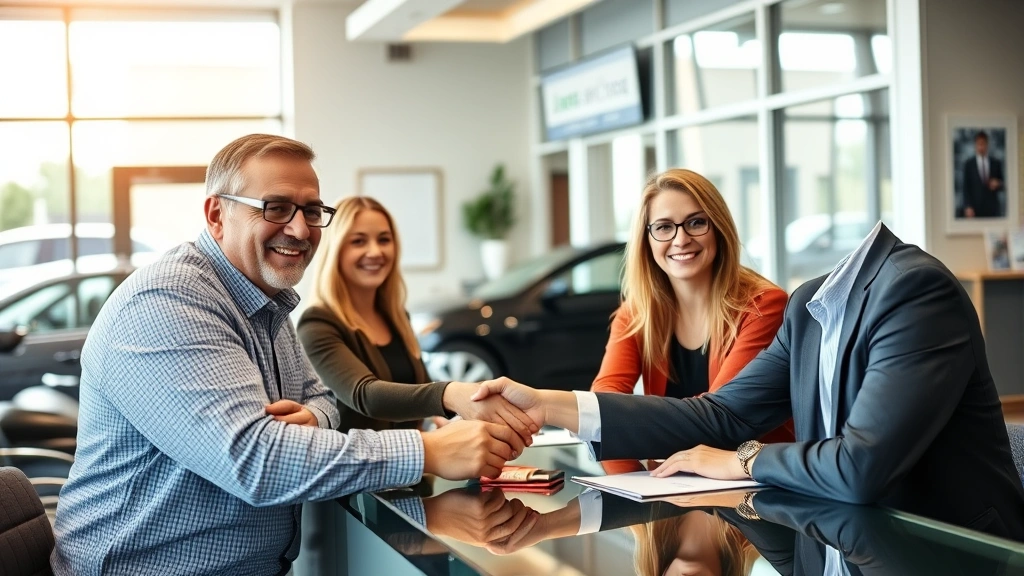 Happy customers shaking hands with sales professional at James Motor Company, signing paperwork at desk, bright natural lighting, professional office environment, genuine satisfaction expressions