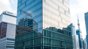 Modern Japanese corporate headquarters building with sleek glass architecture, Tokyo skyline in background, professional business district environment, daytime photography, contemporary urban landscape