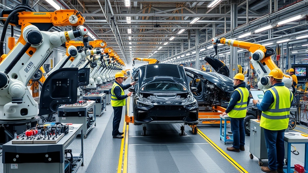 Advanced automotive manufacturing facility with robotic arms, conveyor systems, and precision machinery, workers in safety gear monitoring production, industrial excellence and quality control demonstration