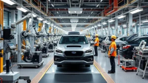 Modern automotive manufacturing facility with advanced robotics, precision machinery, and workers in safety equipment on production floor, showcasing high-tech Japanese manufacturing excellence and quality control standards