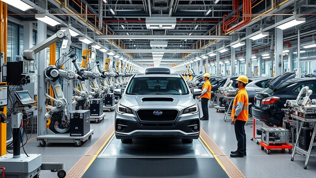 Modern automotive manufacturing facility with advanced robotics, precision machinery, and workers in safety equipment on production floor, showcasing high-tech Japanese manufacturing excellence and quality control standards