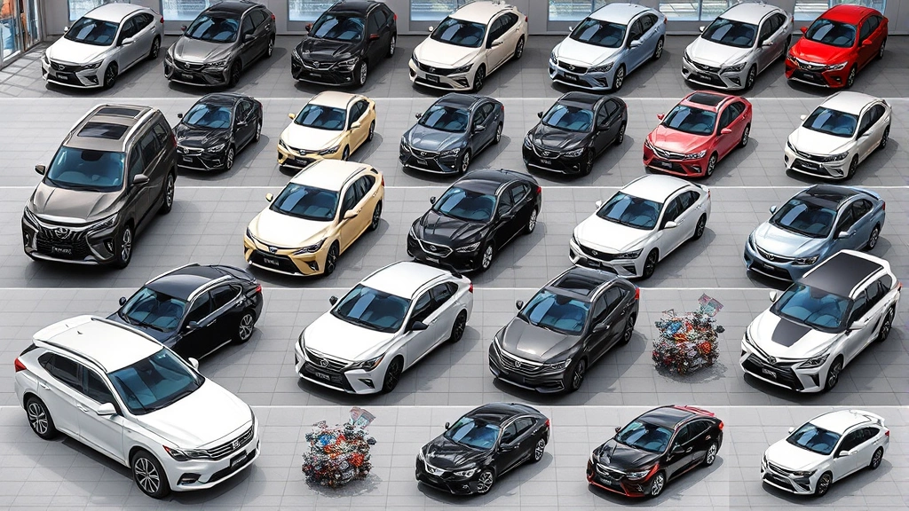 Diverse lineup of contemporary Japanese vehicles including sedans, SUVs, and luxury models displayed in showroom or outdoor setting, representing brand portfolio range and market positioning