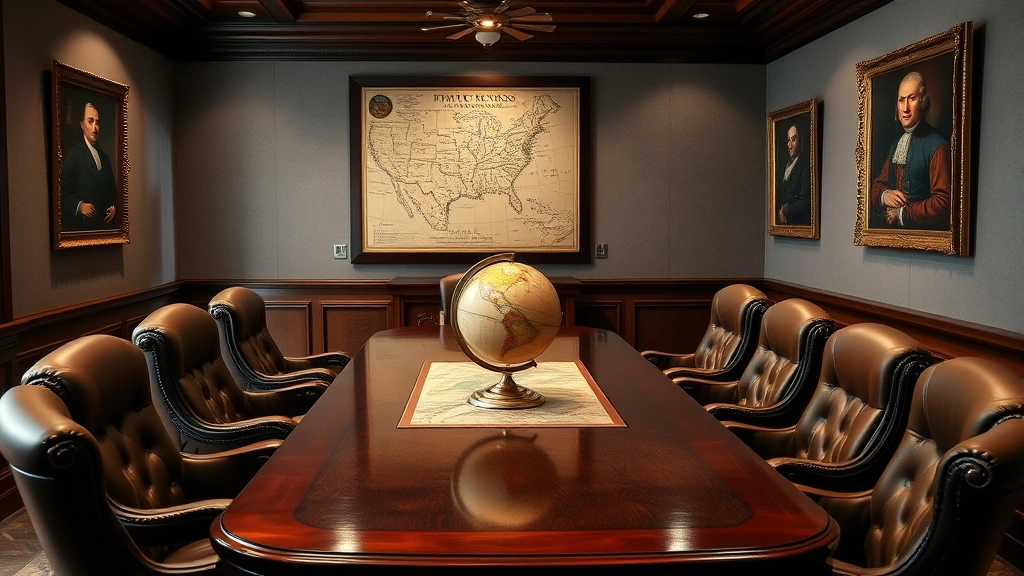 Executive boardroom with mahogany table, leather chairs, globe, and nautical charts from 1600s-1800s era. Formal business setting with portraits of historical merchants on walls. Professional lighting, no people visible.