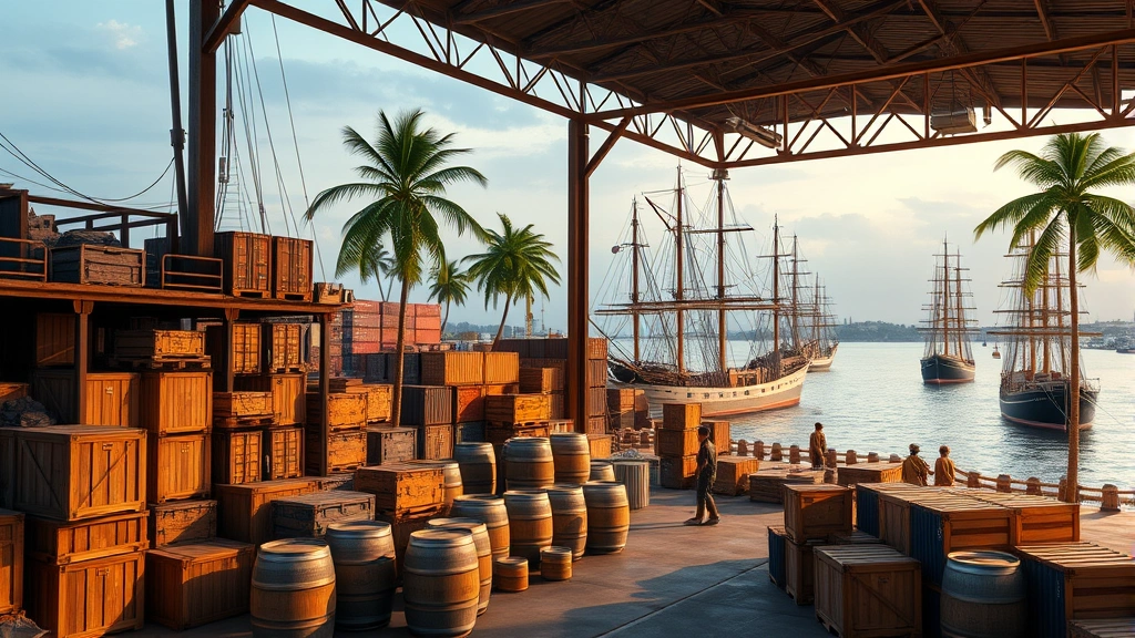 Busy port warehouse with wooden crates, barrels, and shipping containers. Workers managing cargo, sailing ships docked at harbor. Tropical climate setting with palm trees visible. Dawn or dusk lighting, realistic maritime commerce scene.