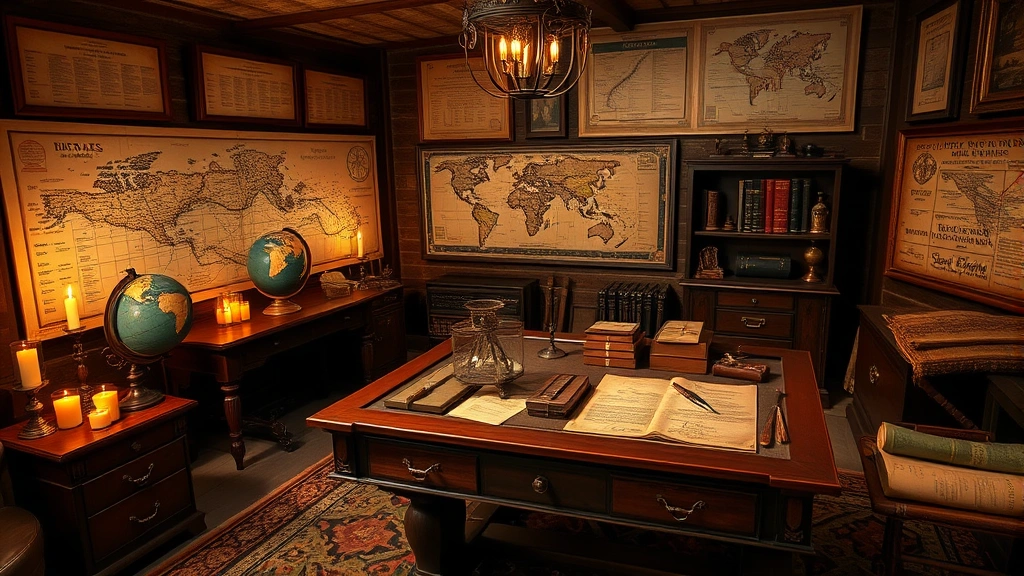 Map room with large wooden desk, vintage navigation instruments, globes, and trade route charts. Candlelit atmosphere with leather-bound ledgers and writing implements. Historical business documentation displayed on walls. No visible text on documents.