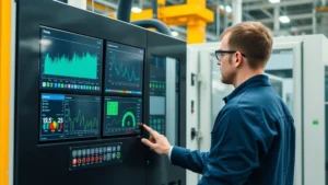 Professional technician monitoring advanced industrial equipment dashboard with real-time performance metrics displayed on multiple digital screens in modern manufacturing facility
