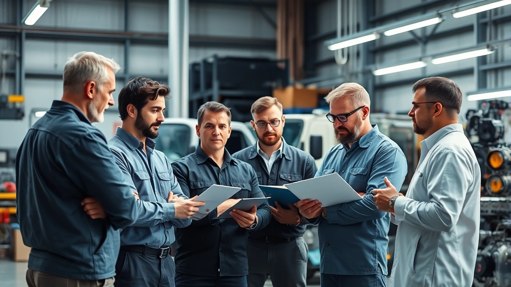 Diverse team of engineers and technicians collaborating in well-lit industrial workshop environment with electric and hybrid-powered equipment visible in background