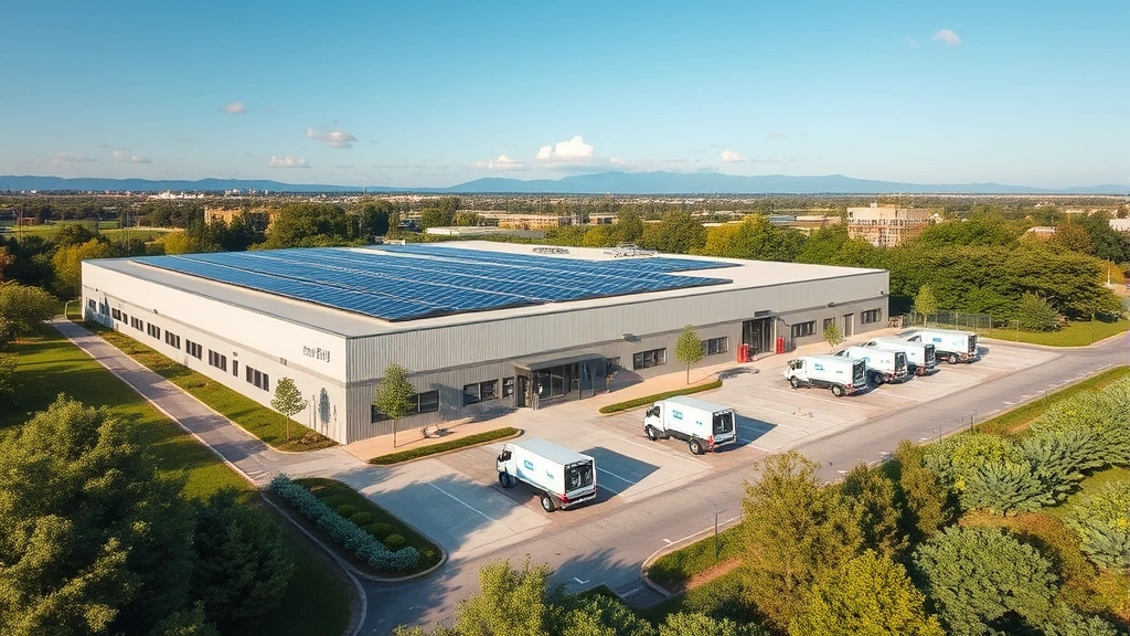 Sustainable manufacturing facility with solar panels on roofing, green spaces, and modern electric equipment charging stations integrated into operational landscape