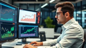 Professional business analyst reviewing financial statements and market data on computer screens in modern corporate office environment, serious focused expression