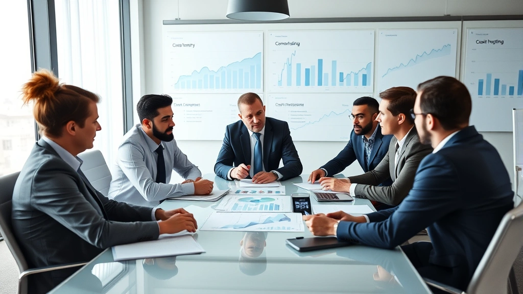 Diverse executive leadership team in boardroom during strategic planning meeting, analyzing charts and discussing investment opportunities around conference table