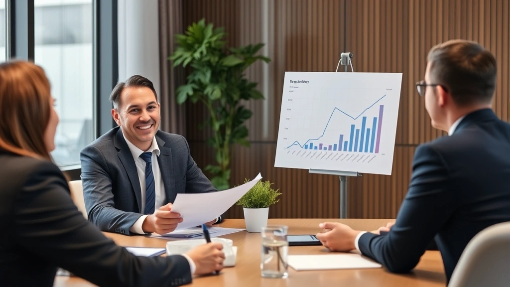 Financial advisor presenting investment analysis and growth projections to clients in professional setting, displaying confidence and expertise in market assessment